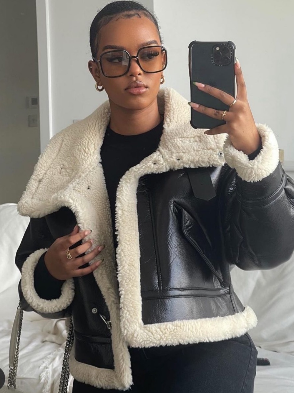 ZARA BLACK VEGAN LEATHER CREAM SHEARLING TRIMMED BIKER JACKET XS NWOT